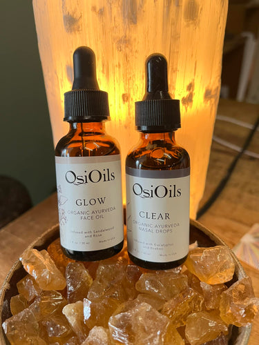 Osi Oils Glow Face Oil and Clear Nasal Drops used in daily Ayurvedic rituals to support Ojas, vitality, and emotional well-being