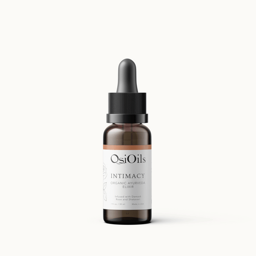 Bottle of Osi Oils Intimacy Ayurvedic Elixir with Damask Rose, Shatavari, and Aloe Vera for natural intimacy and sensual wellness