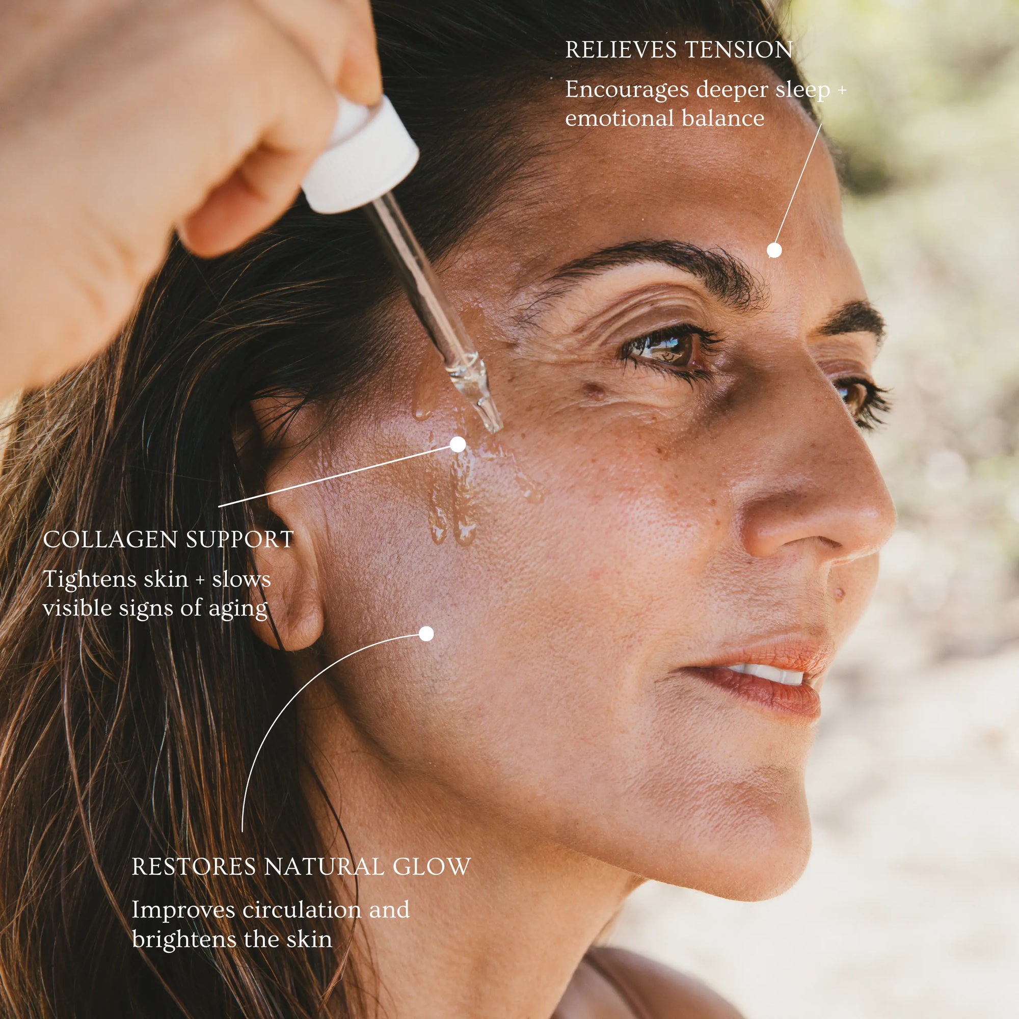 Close-up of a woman receiving a skincare dropper treatment, with overlaid text highlighting benefits such as collagen support, tension relief, and restored natural glow.