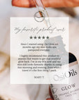 A hand holds a glass dropper above a bottle of OsiOils Glow Organic Ayurveda Face Oil, with a large white review card overlaid in the center showing a customer testimonial.